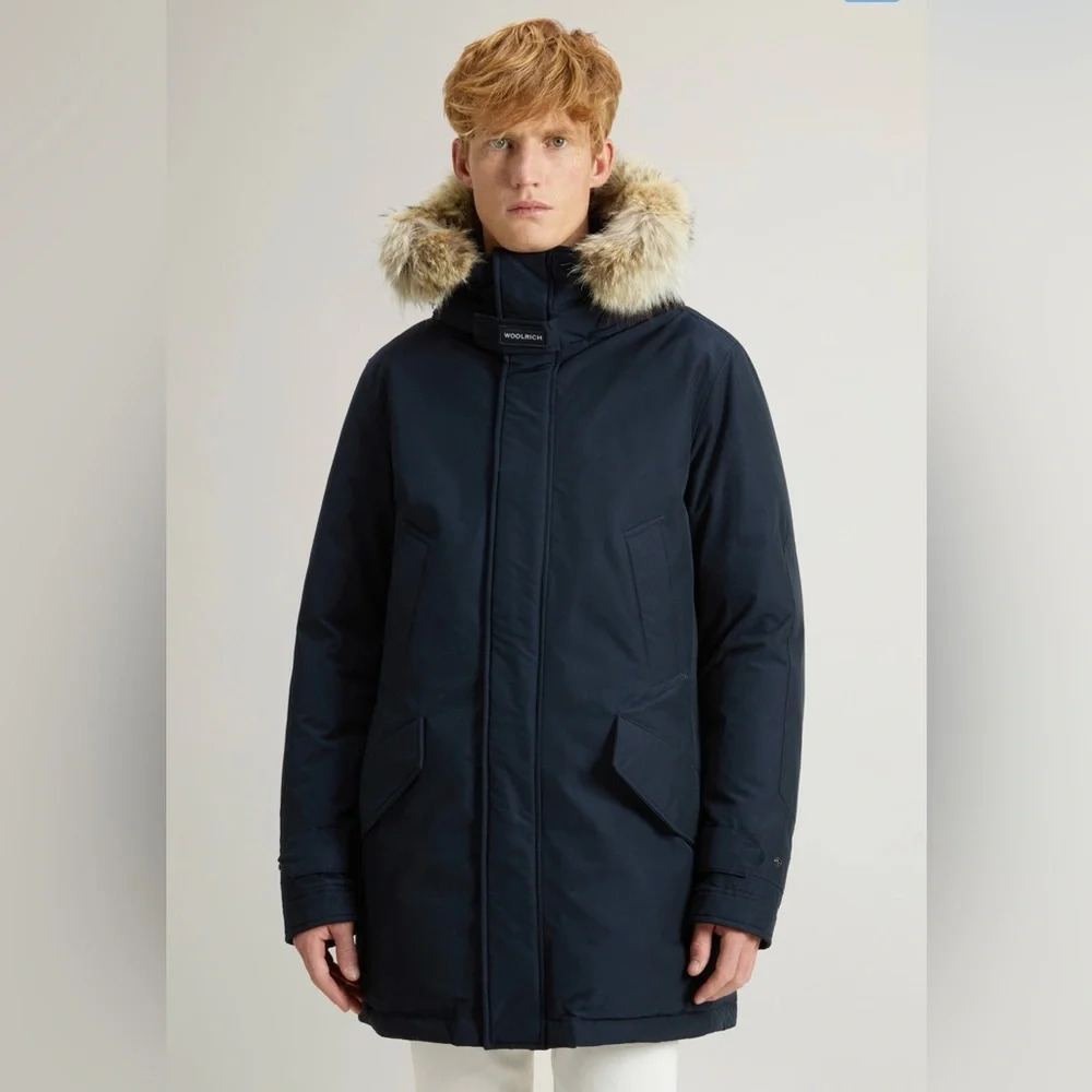 Woolrich Polar Parka in Ramar Cloth with High Collar and Fur Trim in Melton Blue